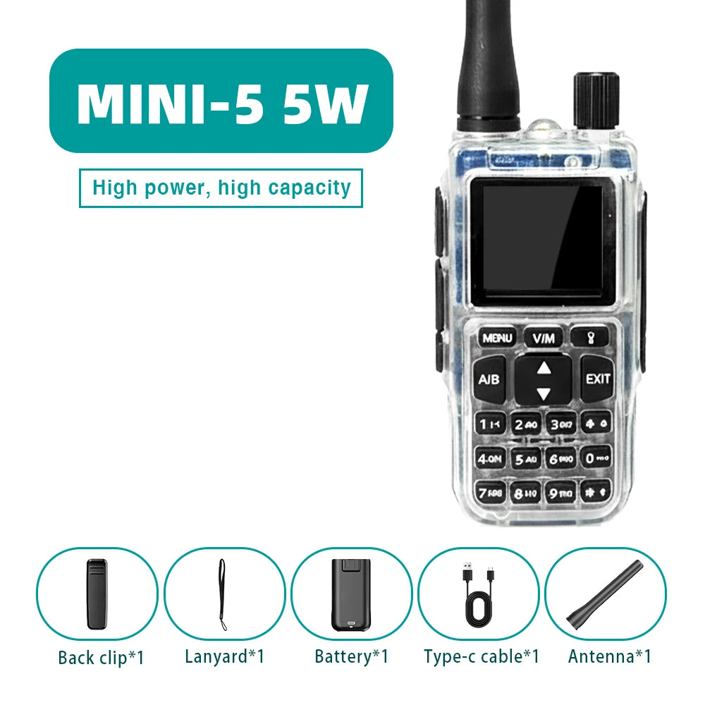 Mini talkie-walkie Baofeng MINI-5, double bande UV, Bluetooth, FM, sélection de fréquence à un bouton, idéal pour les voyages.