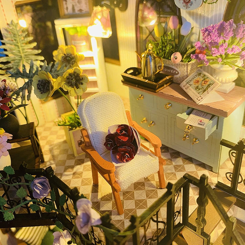 Wooden Dollhouse, Garden Model, 3D Puzzle, Assemble Building Kits, Toys, Bedroom Decor with LED Lights, Dollhouse Gift, DIY