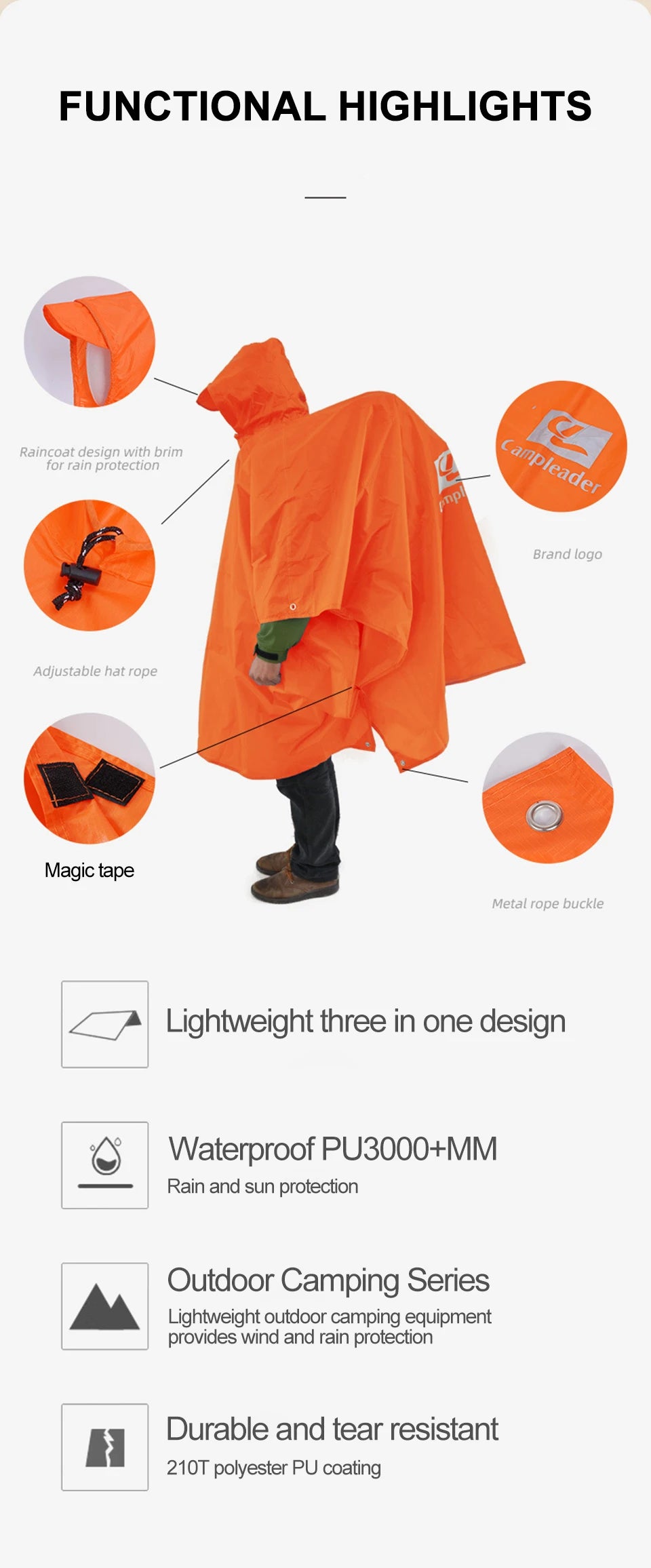 Manteau imperméable d'extérieur 3 en 1, manches longues à capuche, Poncho de pluie imperméable pour moto, Camping, randonnée, voyage, tente