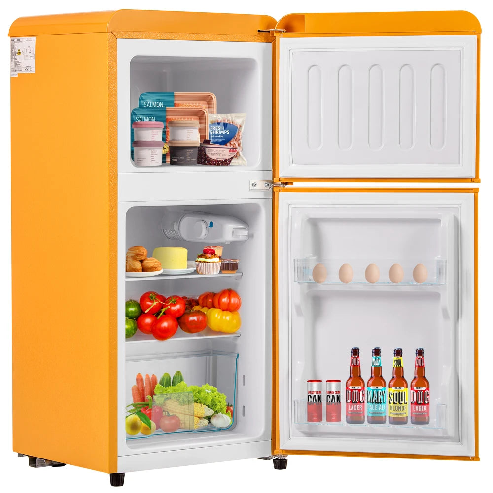 Frigorífico combi retro 45,5 cm de ancho, 2 puertas, 60 litros de volumen total, volumen de congelador 22 litros. 102 KWh/año,