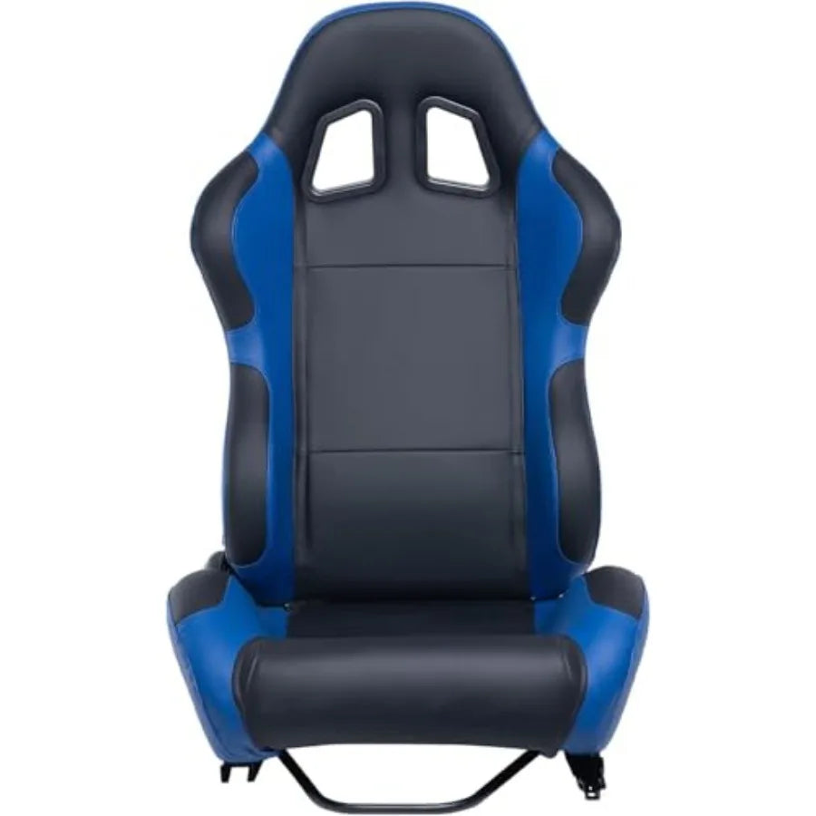 Par de asientos de carreras universales, reclinables de cuero PVC negro y azul, con asientos de cubo deslizantes de doble cierre
