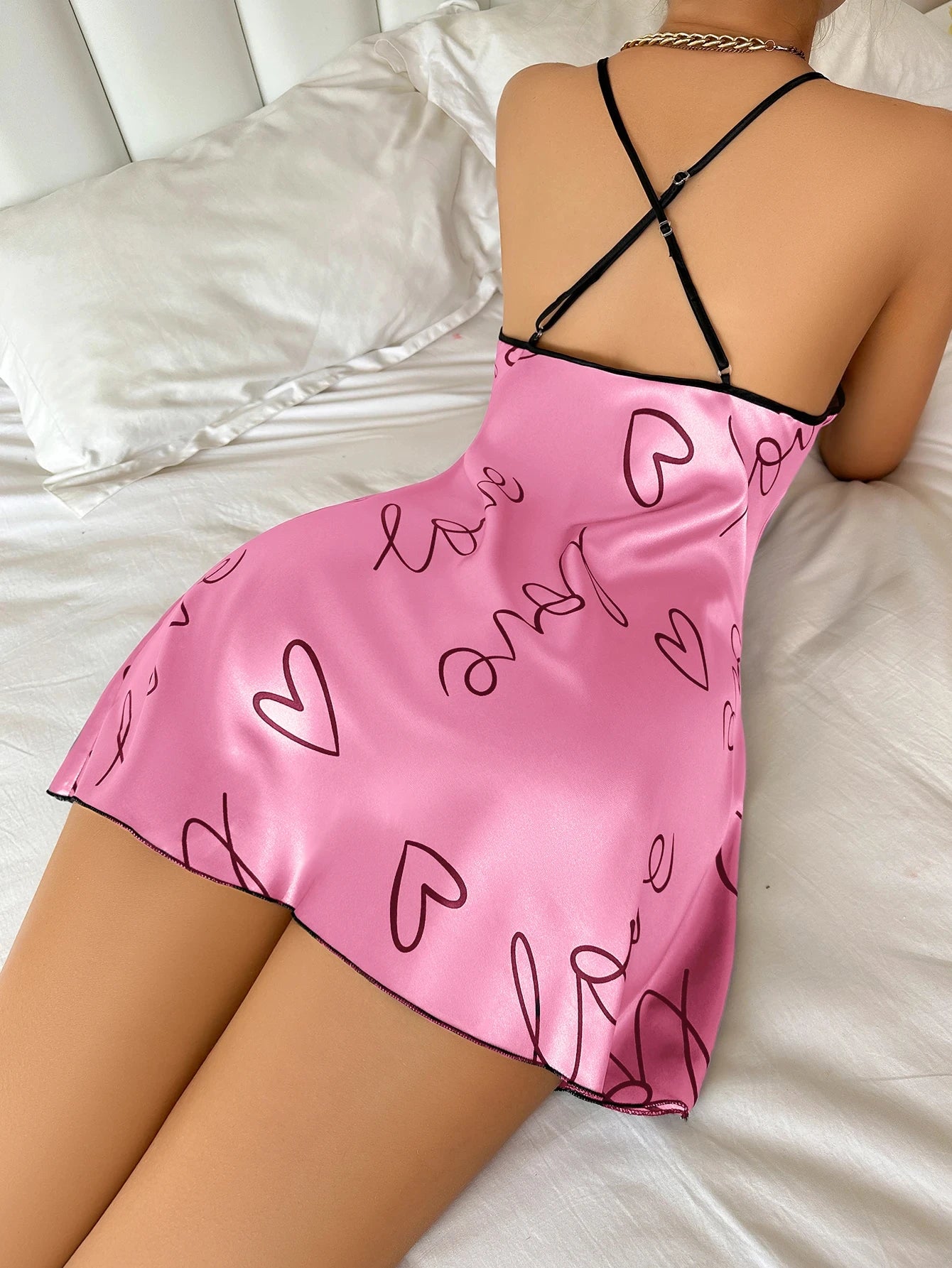 Heart Letter Print Casual Nightdress Round Neck Spaghetti Strap Nightgown Women Sleepwear Robes