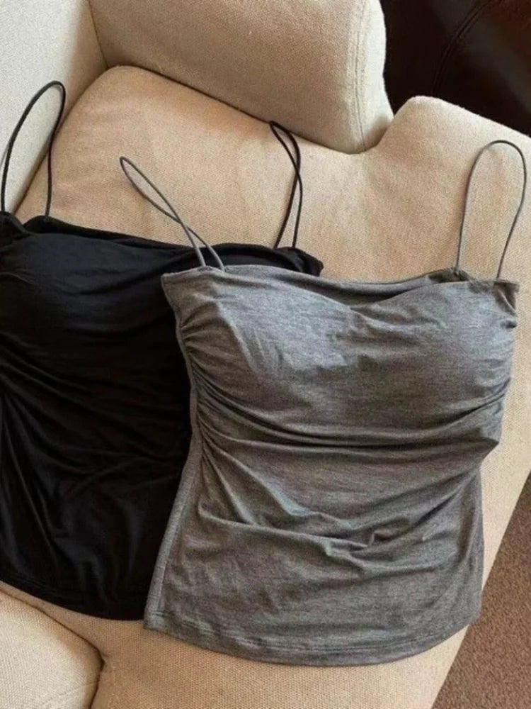 Débardeur plissé sans manches pour femme, coupe ajustée, style sexy, court, avec fines bretelles, couleur unie, simple et tendance