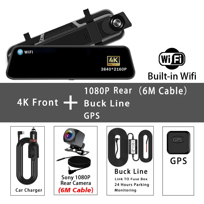Dashcam Rétroviseur 4K 10" GPS WiFi — Double Lentille IPS Enregistreur Flux