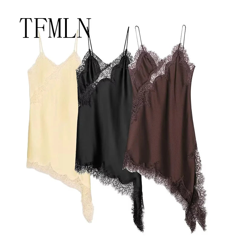 Women's Sexy Irregular Lace Dress Fashion V-Neck Hem Strap Long Dresses 2025 New Fashion Party Dresses