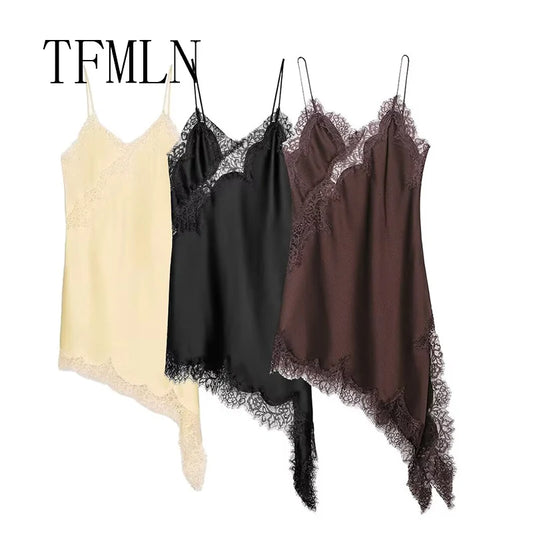 Women's Sexy Irregular Lace Dress Fashion V-Neck Hem Strap Long Dresses 2025 New Fashion Party Dresses