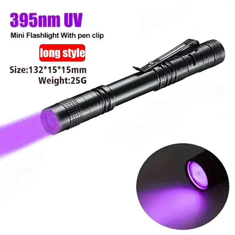 Linterna UV 395nm, antorcha ultravioleta con clip para bolígrafo, pilas AAA portátiles usadas, luz morada, detector de orina de mascotas y escorpiones, lámpara UV