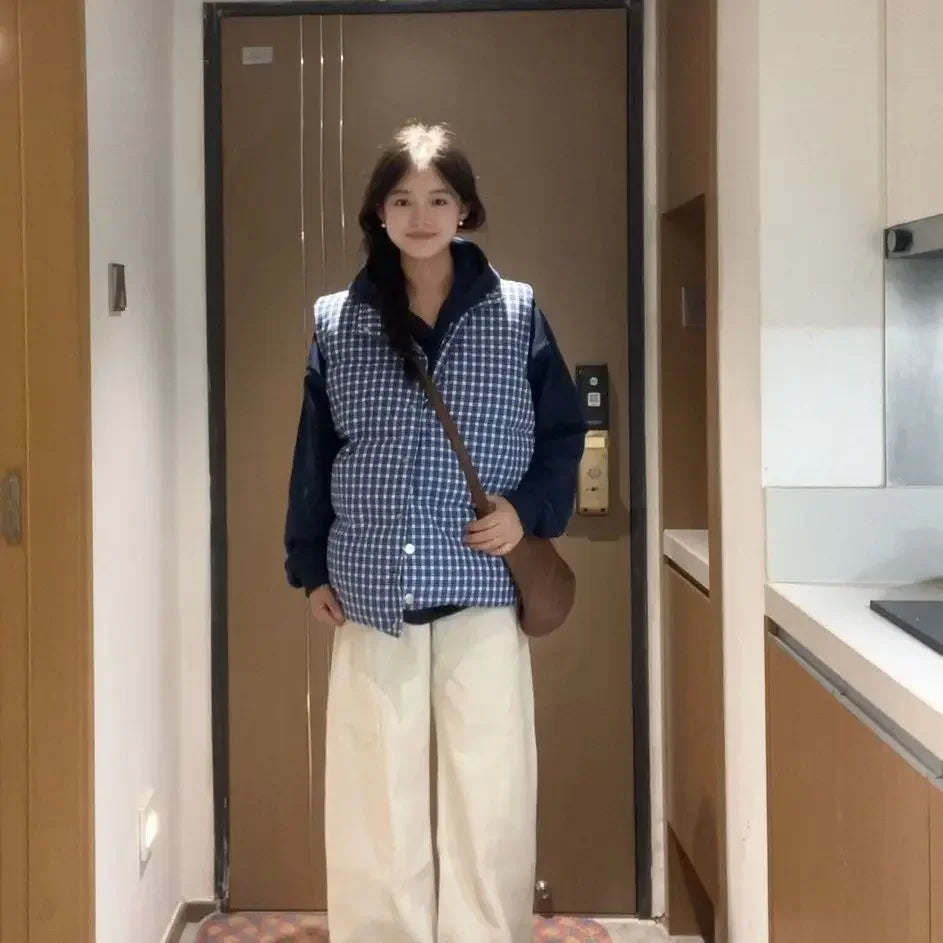 Gilet rembourré en coton pour femmes bleu — style coréen, mode 2025, isolé, demi-saison, chaud, tendance