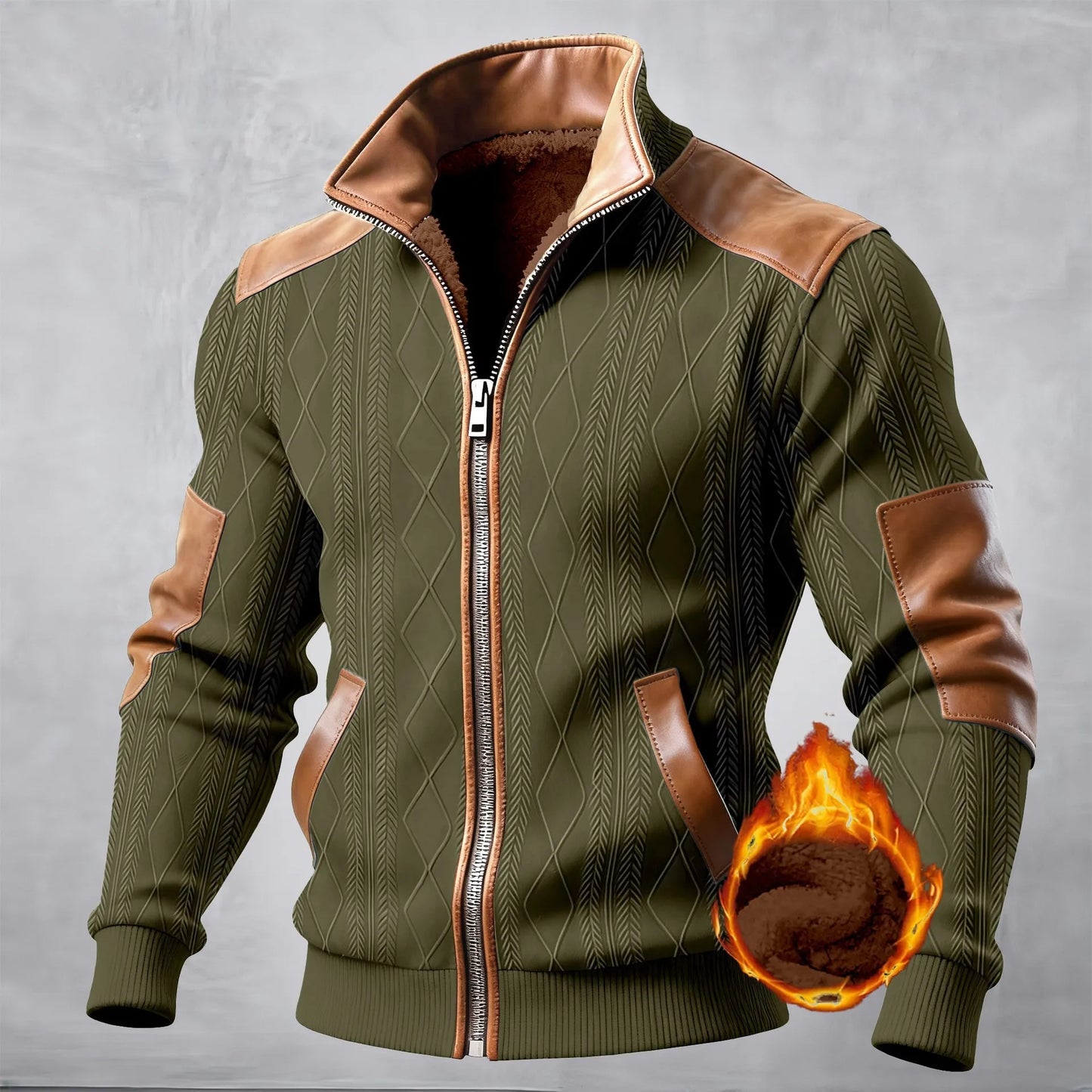Men's Casual Jacket, textured, jacquard patchwork, fashionable, stand-up collar, warm and comfortable, winter