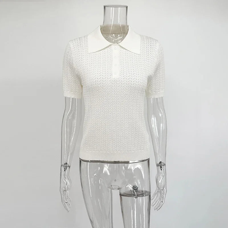 T-shirt femme en maille ajourée 2026 — manches courtes, décontracté, col à revers, tendance, uni