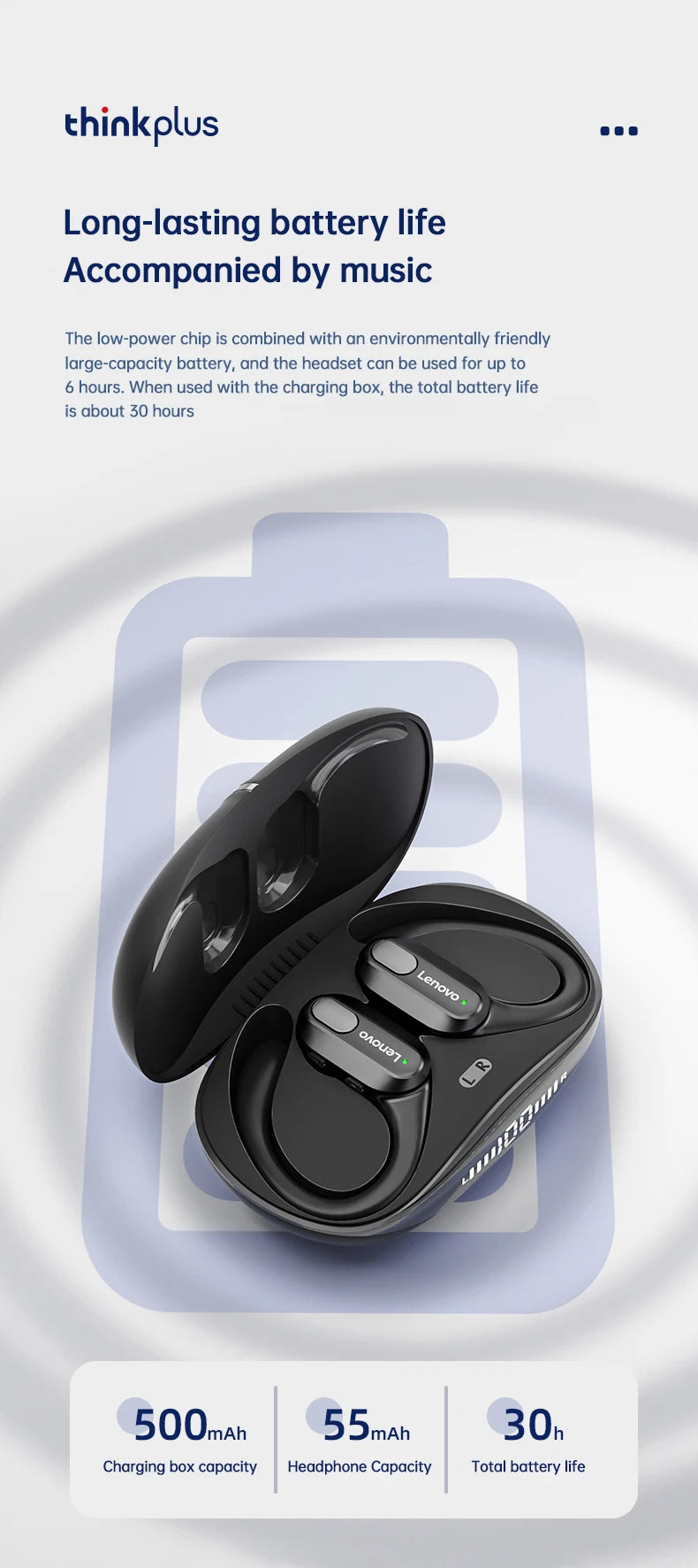 Lenovo XT80 – Auriculares deportivos inalámbricos, con micrófonos, control de botón, pantalla de alimentación LED, sonido estéreo de alta fidelidad, auriculares con traductor de IA