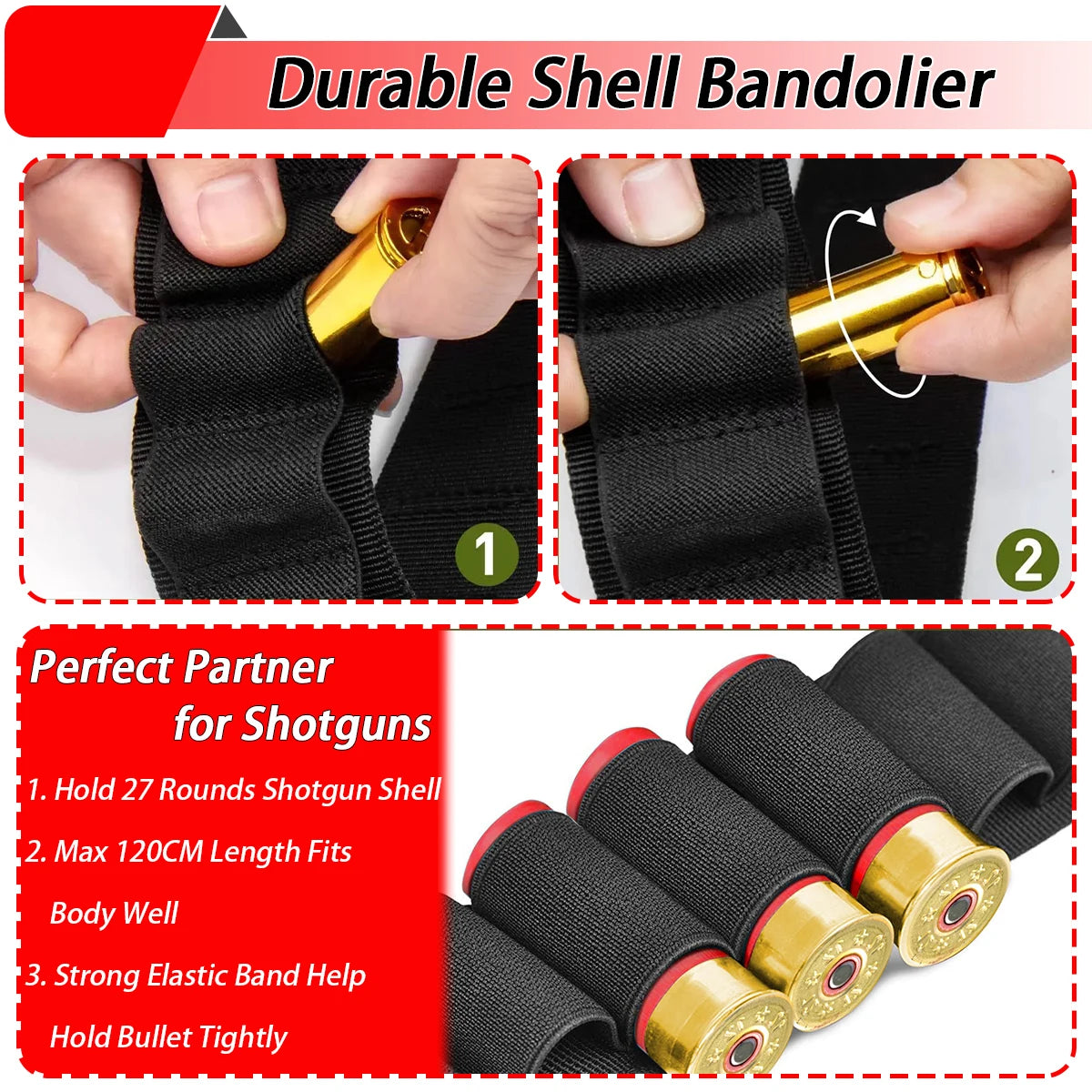 Bandolier pour fusil de chasse 12GA, 27 cartouches réglables, support de coque de calibre 12, sangle de taille, accessoires de chasse et de tir