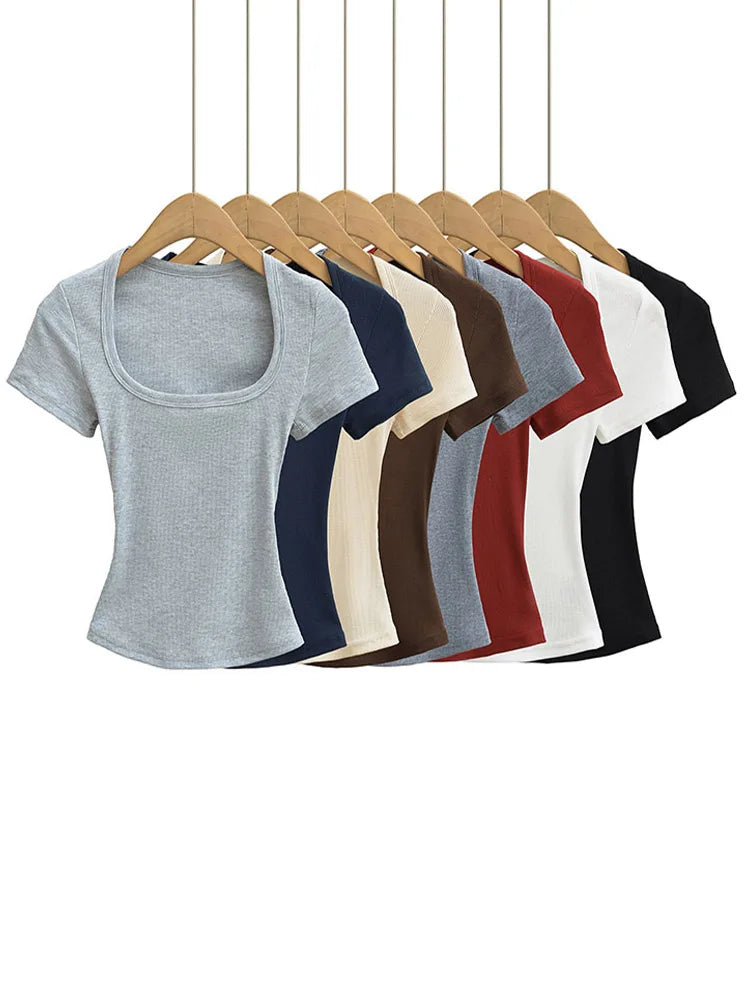 Haut court à col carré pour femmes, coupe cintrée, pull à manches courtes, très extensible, chemisier d'été Sexy, T-shirt pour le fond