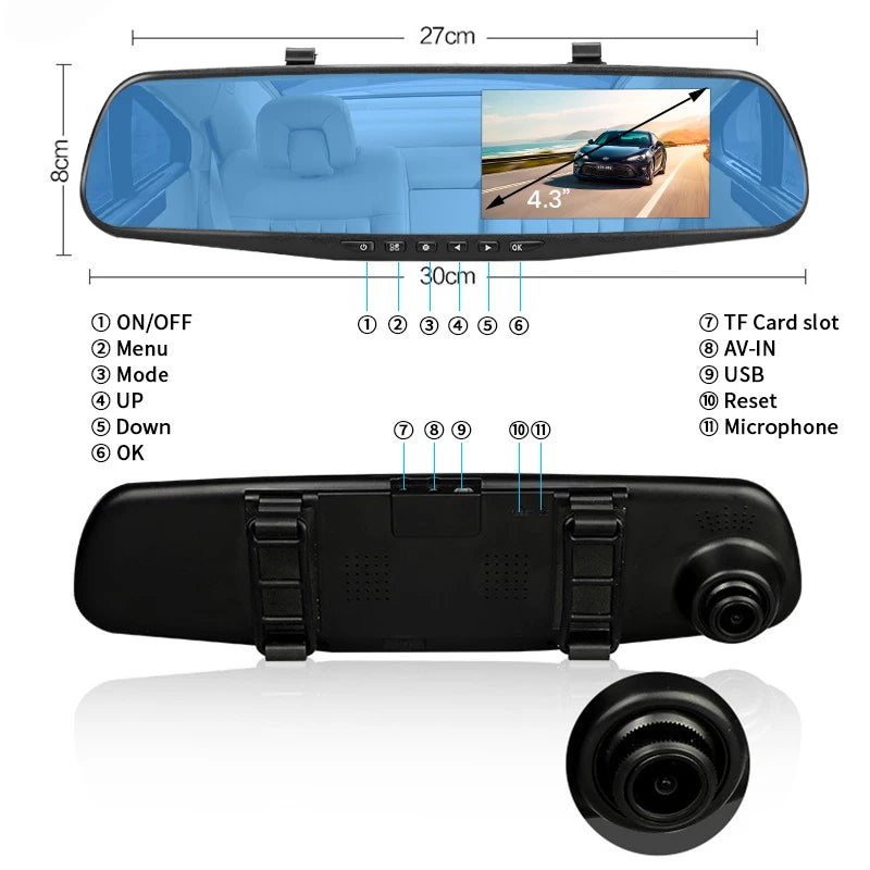 Prada-Dash Cam with Rearview Mirror, Car Video Recorder, Automatic Black Box, Night Vision Camera, Tourist Lens, DVR, 4.3 Inch, 1080P