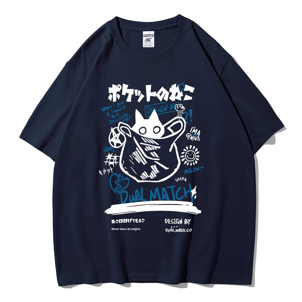 Hombres Mujeres Camisetas de Dibujos Animados 2024 Verano Harajuku Kawaii Gato Impreso Manga Corta Camisetas Pareja Streetwear Ropa Suelta Tops Y2K