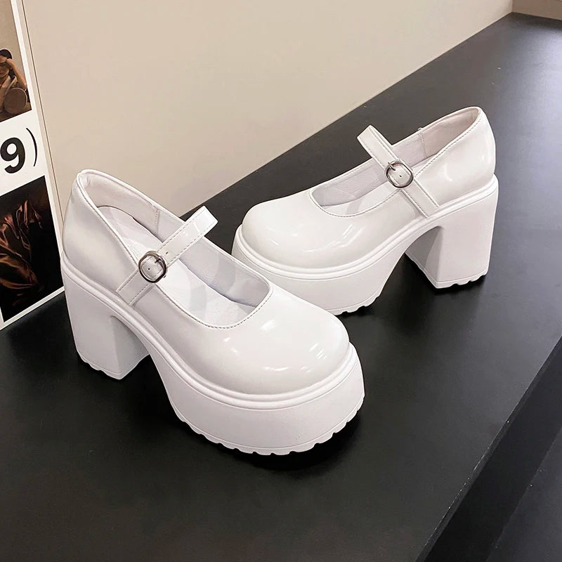 Chaussures Mary Jane noires à talons très hauts pour femme 2026, escarpins gothiques à plateforme épaisse, grande taille, avec boucle de cheville, chaussures de soirée Lolita 42
