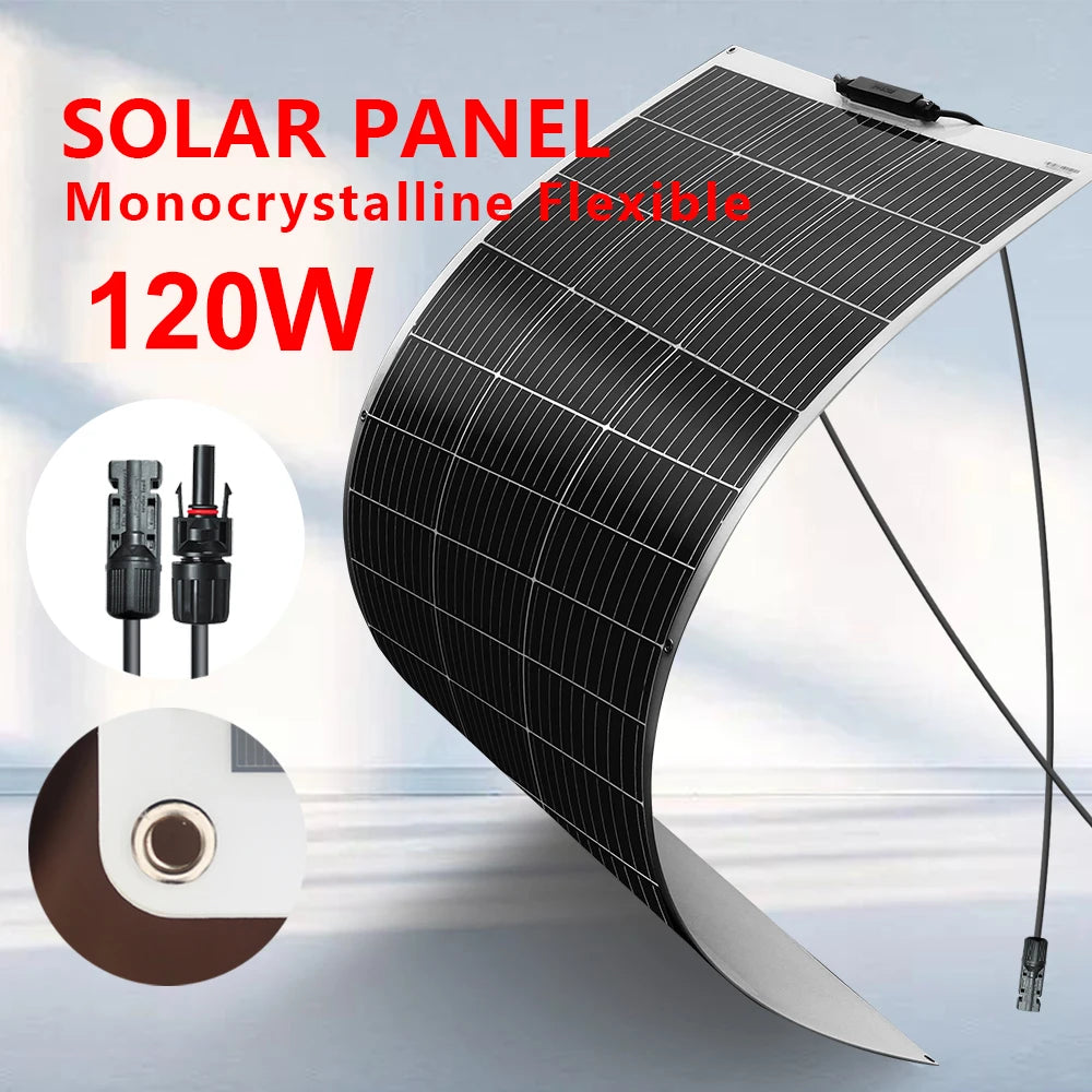 Panneau solaire souple 120W 12V monocristallin — semi-flexible, camping-car, van, bateaux, surfaces inégales