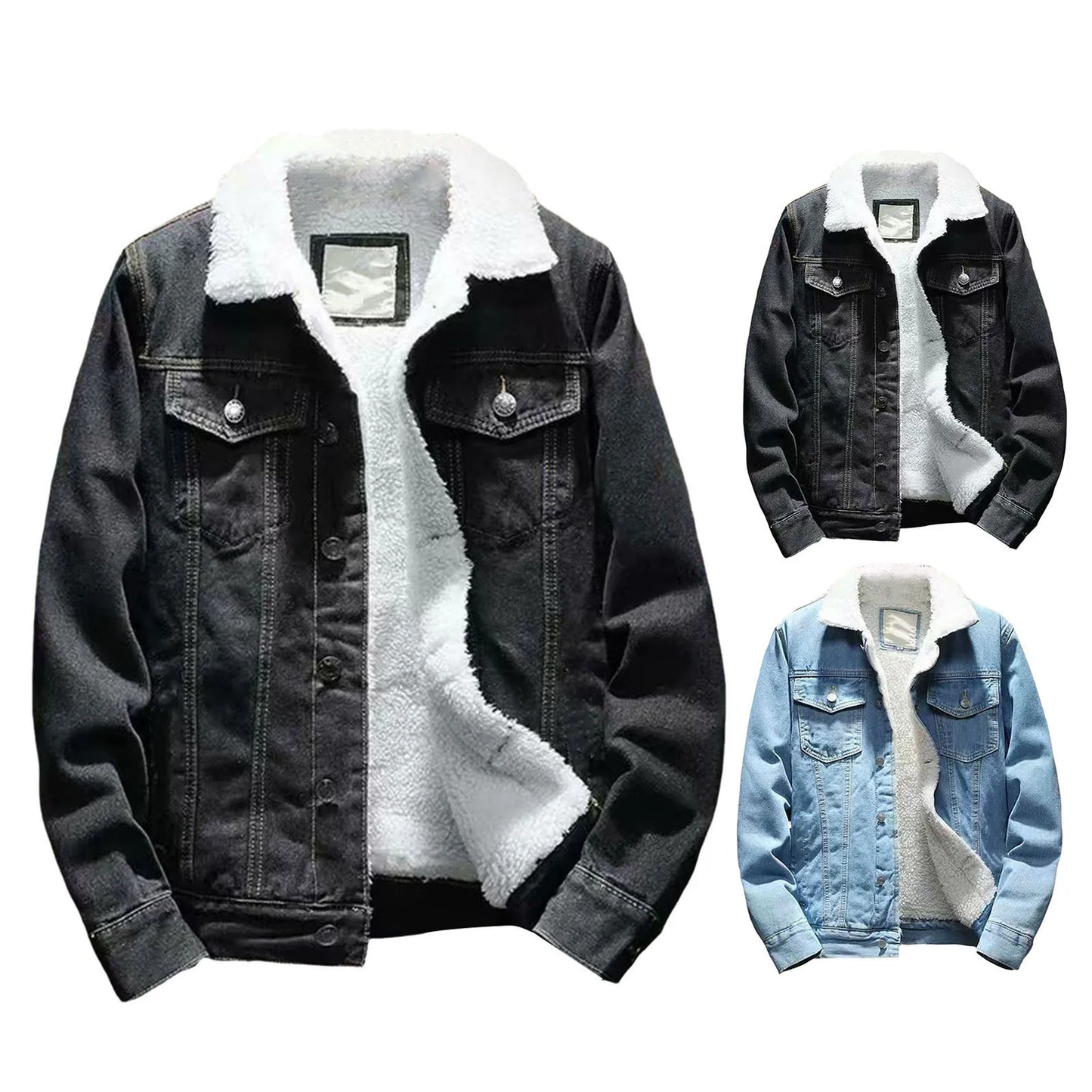 Autumn Men's Fleece Lined Denim Jackets Fashion Motorcycle Vintage Jean Jackets Men Slim Fit Casual Cotton Black Blue Coats