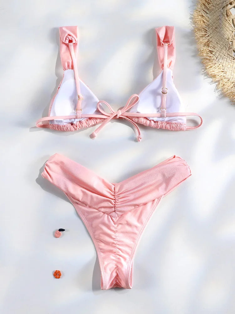 Sexy plis Bikini ensemble solide Micro Bikinis femmes maillot de bain femme Triangle maillots de bain vêtements de plage maillot de bain