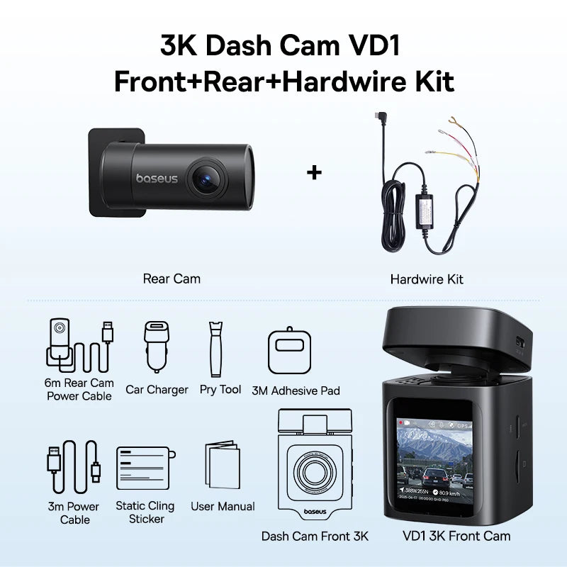 Baseus 3K Dash Cam VD1 cámara delantera y trasera HD GPS integrado Galileo supercondensador coche DVR cámara de coche grabadora Soporte de estacionamiento 24H