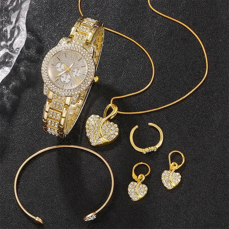Women's Luxury Gold Quartz Watch, Jewelry Set, Ring, Necklace, Earrings, Rhinestones, Casual Fashion