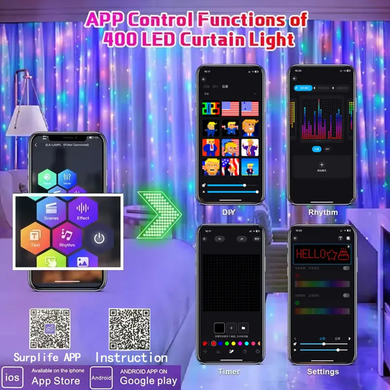 Rideau lumineux Led intelligent, guirlande du nouvel an, guirlande lumineuse féerique RGB, affichage du changement de musique, pour fenêtre, décoration de salle de noël