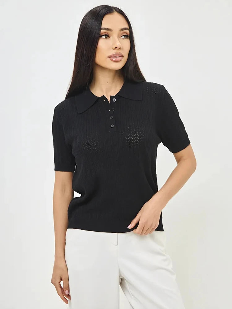 T-shirt femme en maille ajourée 2026 — manches courtes, décontracté, col à revers, tendance, uni