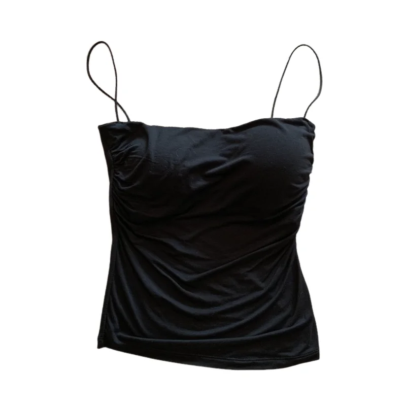 Débardeur plissé sans manches pour femme, coupe ajustée, style sexy, court, avec fines bretelles, couleur unie, simple et tendance