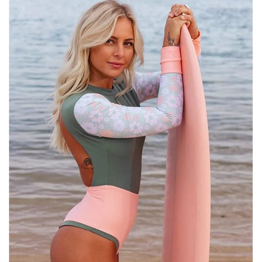 Nouveau Patchwork une pièce maillot de bain à manches longues maillots de bain sport dos nu femmes natation maillot de bain vêtements de plage baigneur surf