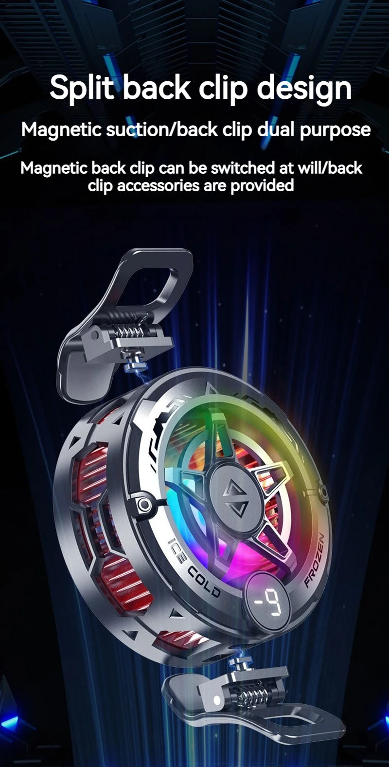 Refroidisseur de téléphone universel pour le jeu, ventilateur de refroidissement semi-conducteur magnétique avec écran numérique et lumières RVB