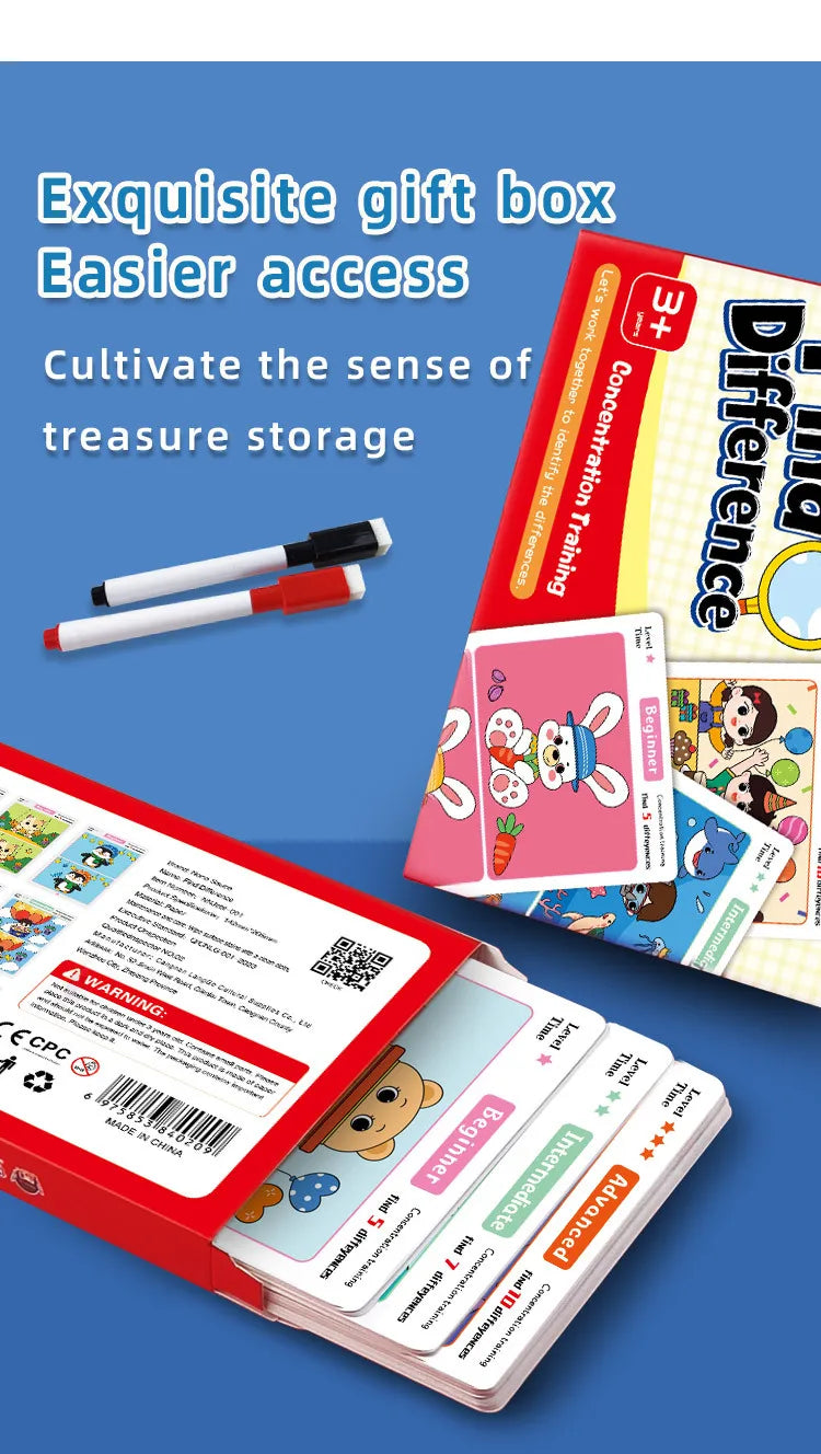 Trouver des différences Jeu de cartes Puzzle éducatif de dessin animé réutilisable pour enfants Trouvez des niveaux de difficulté pour la formation à l'attention de concentration