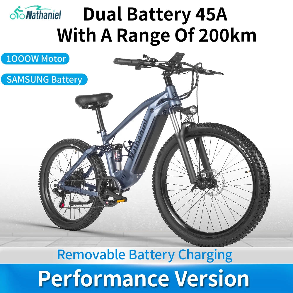 Nathaniel E-Bike, 1000W Brushless Motor, 27.5 Inch Adult Electric Mountain Bike, 45Ah Large Capacity Batteries, 7 Speed, 45KM/H, Outdoor Travel Bike