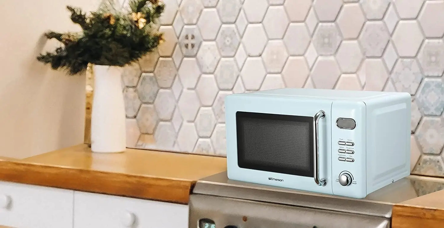 Microondas compacto retro MWR7020BL con control por pomo, pantalla LED, 700 W, 5 niveles de potencia, 8 menús automáticos, plato de cristal