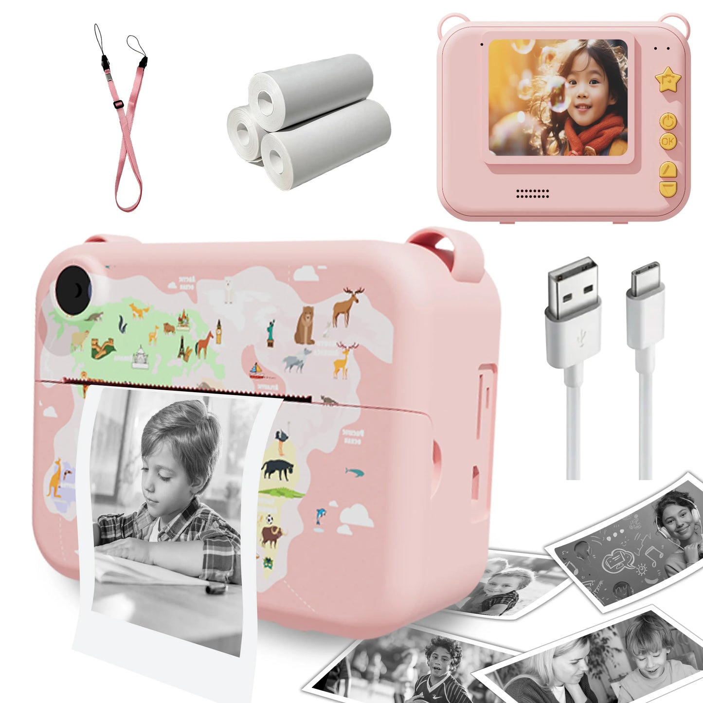 Cámara digital para niños, cámara instantánea para niños, grabadora de video HD 1080P, miniimpresora térmica para niños pequeños, regalos de cumpleaños