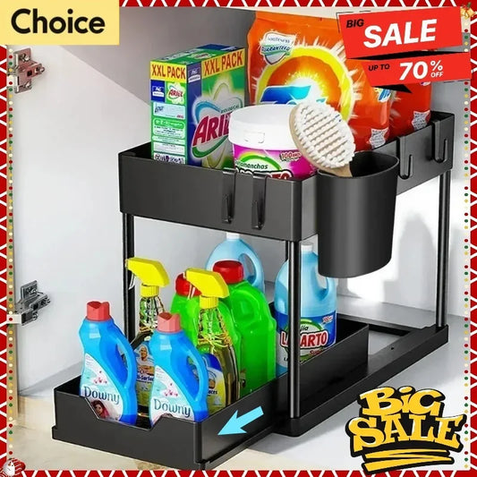 2-Tier Multifunction Kitchen Sink Organizer, Sliding Cabinet Basket with Hooks, Hanging Cup, New Space-Saving Stand for Bathroom and Kitchen