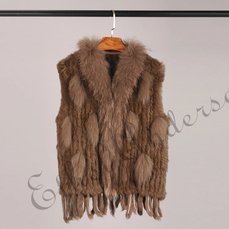 Gilet à glands en véritable fourrure de lapin tricoté — vintage, garniture fourrure raton laveur