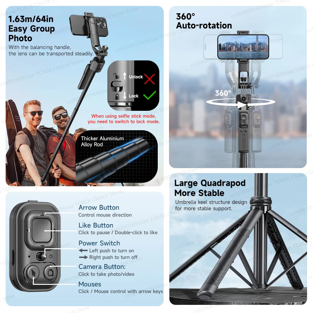 TOKQI C17 – Trépied selfie 360° avec suivi IA automatique, télécommande et lumière de remplissage