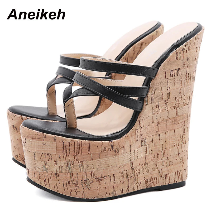 Aneikeh Women's Sexy Slippers 2026 Summer Wedges Platform High Heel Fashion Slip-on Rome Narrow Band Party Shoes