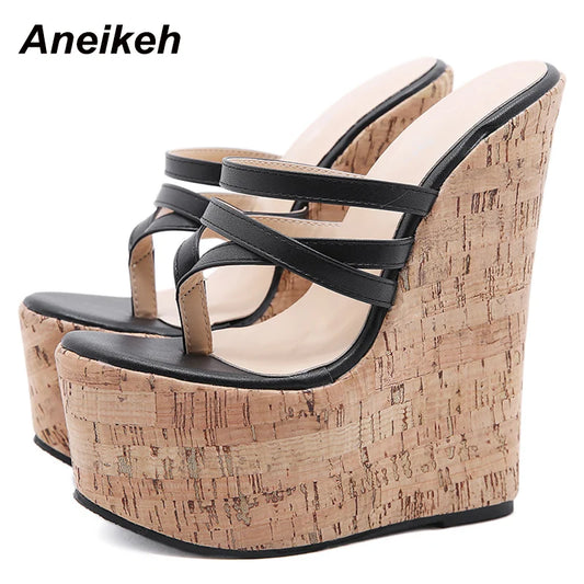 Aneikeh Women's Sexy Slippers 2026 Summer Wedges Platform High Heel Fashion Slip-on Rome Narrow Band Party Shoes