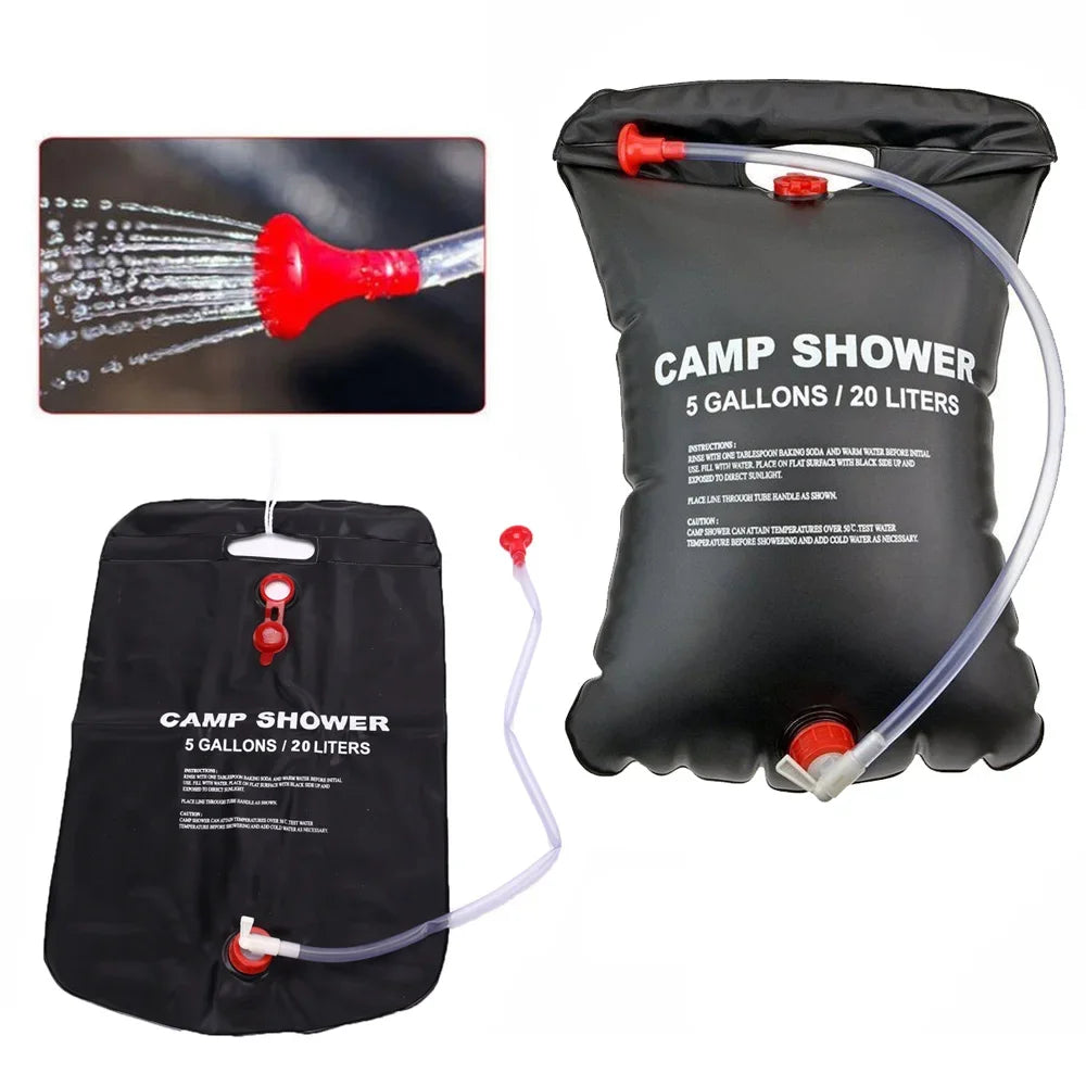 Sac de douche portable 20L pour camping, voyage en plein air, randonnée, barbecue, cyclisme, plage, natation, sac de bain chauffé au soleil