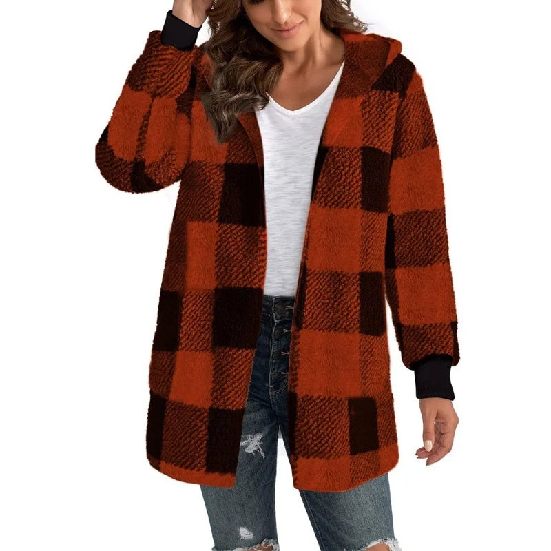 Cardigan Double polaire à carreaux pour femme, doux, ample, manches longues, peluche, chaud, veste à capuche, Patchwork, manteau d'extérieur, automne hiver