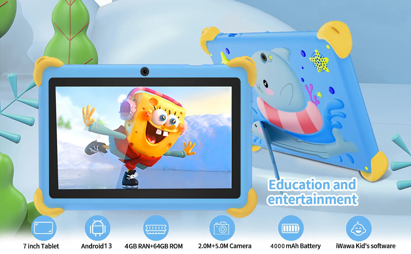 Tablette pour enfants de 7 pouces 5G avec motif de dessin animé, PC d'apprentissage et d'éducation Android avec étui à l'épreuve des enfants, tablette 4000mAh