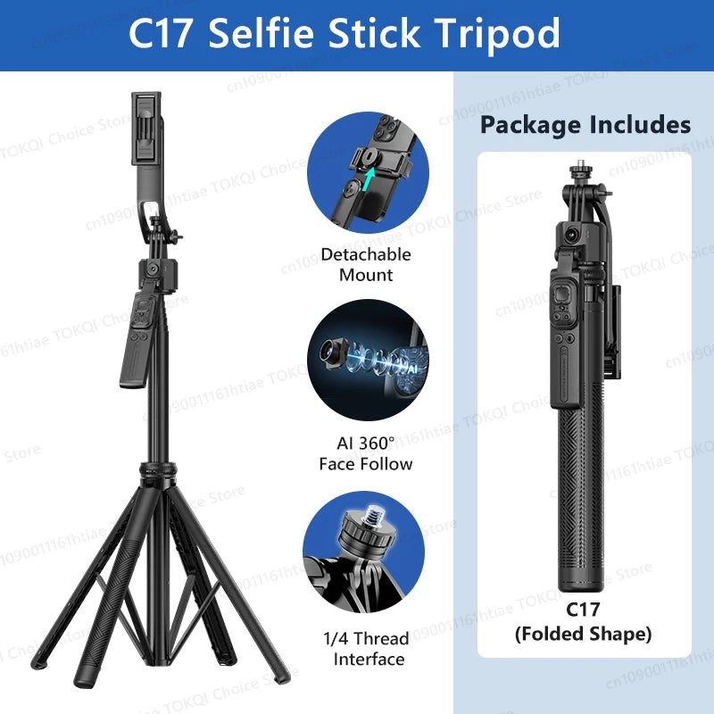 TOKQI C17 – Trépied selfie 360° avec suivi IA automatique, télécommande et lumière de remplissage
