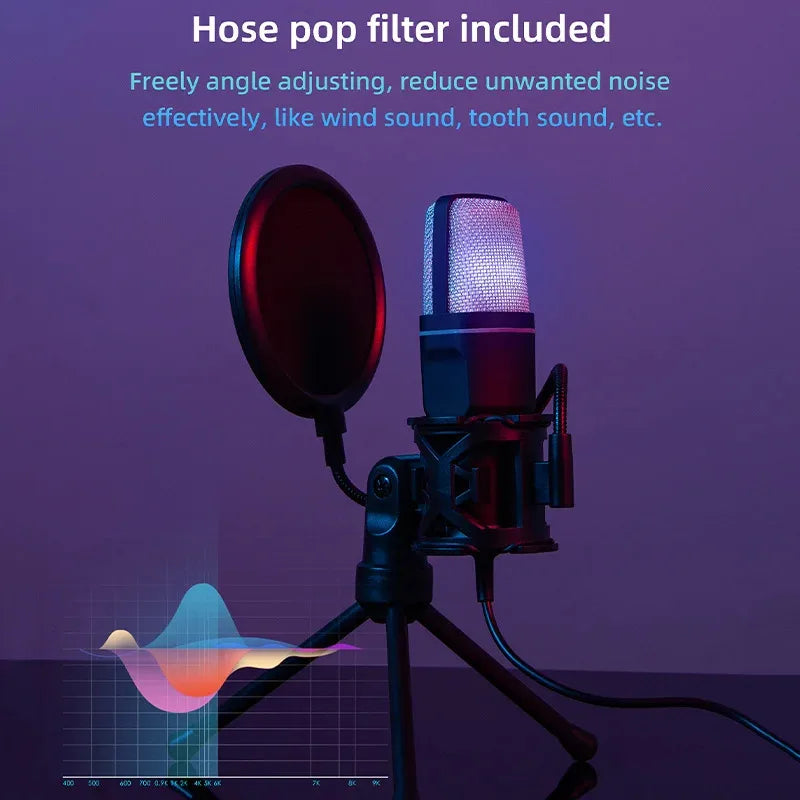 Microphone USB RGB à condensateur avec réduction de bruit – Micro gaming pour podcast et studio