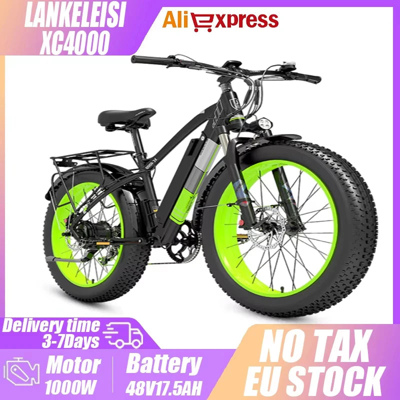 Bicicleta eléctrica para adultos, con neumáticos anchos, motor de 1000 W, batería de 17,5 AH, 7 velocidades, freno hidráulico, XC4000