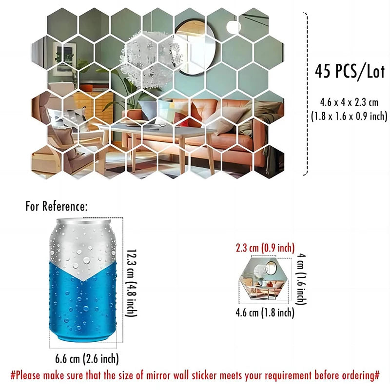 45-Piece Mirror Wall Sticker, Hexagonal Wall Art Sticker, DIY Home Decorative Tile Sticker