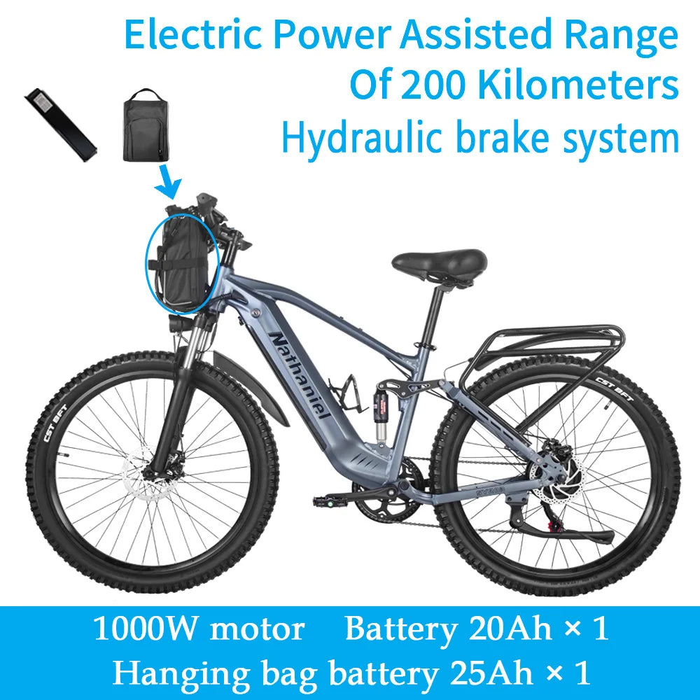 Nathaniel E-Bike, 1000W Brushless Motor, 27.5 Inch Adult Electric Mountain Bike, 45Ah Large Capacity Batteries, 7 Speed, 45KM/H, Outdoor Travel Bike