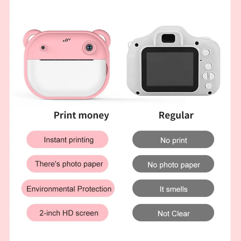 Instant camera for children, mini digital video camera for children, 1080P screen, thermal paper printing + 32G memory card