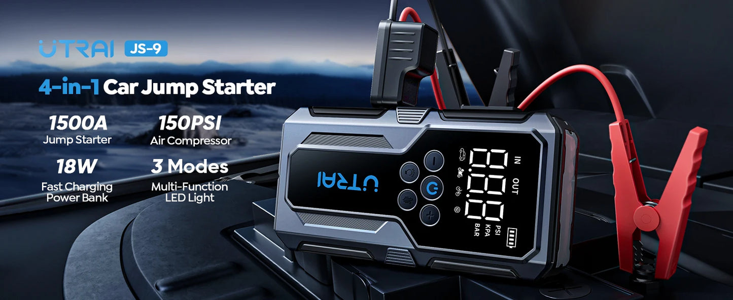 UTRAI 1500A démarreur de saut de voiture batterie externe Portable 150PSI pompe à Air batterie de voiture Boosters d'urgence dispositif de démarrage démarreur de voiture 2024
