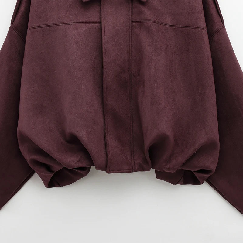 Veste bomber femme en daim — revers, fermeture éclair, manches longues, recadrée, 2025